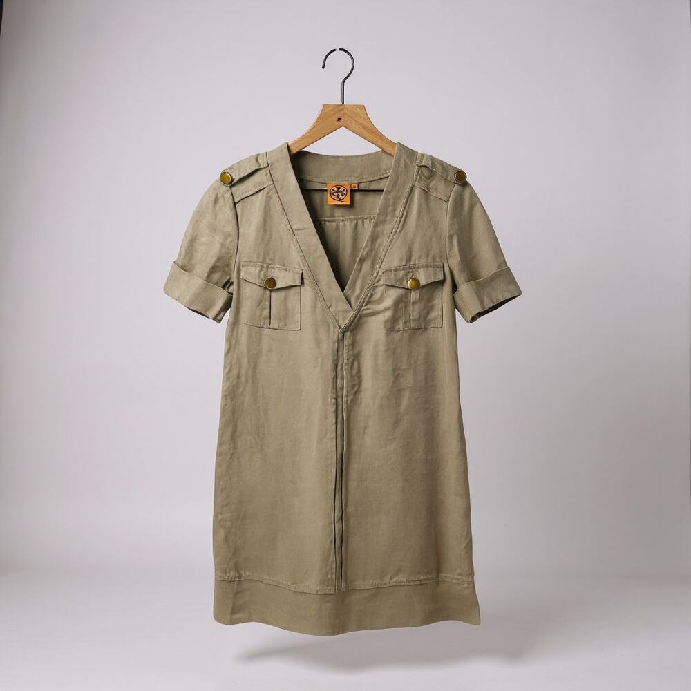 Tory Burch Safari Linen Utility Mini Dress Tan Short Sleeve Button Detail Size 2